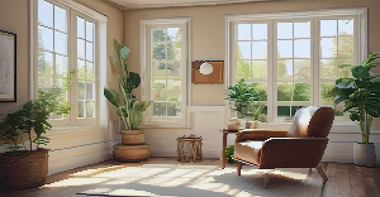 A calming therapy room with natural light, a comfortable chair, and plants, overlooking a peaceful garden.
