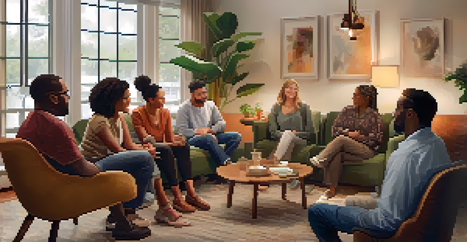 A cozy therapy session with diverse individuals showing connection and empathy in a supportive environment.