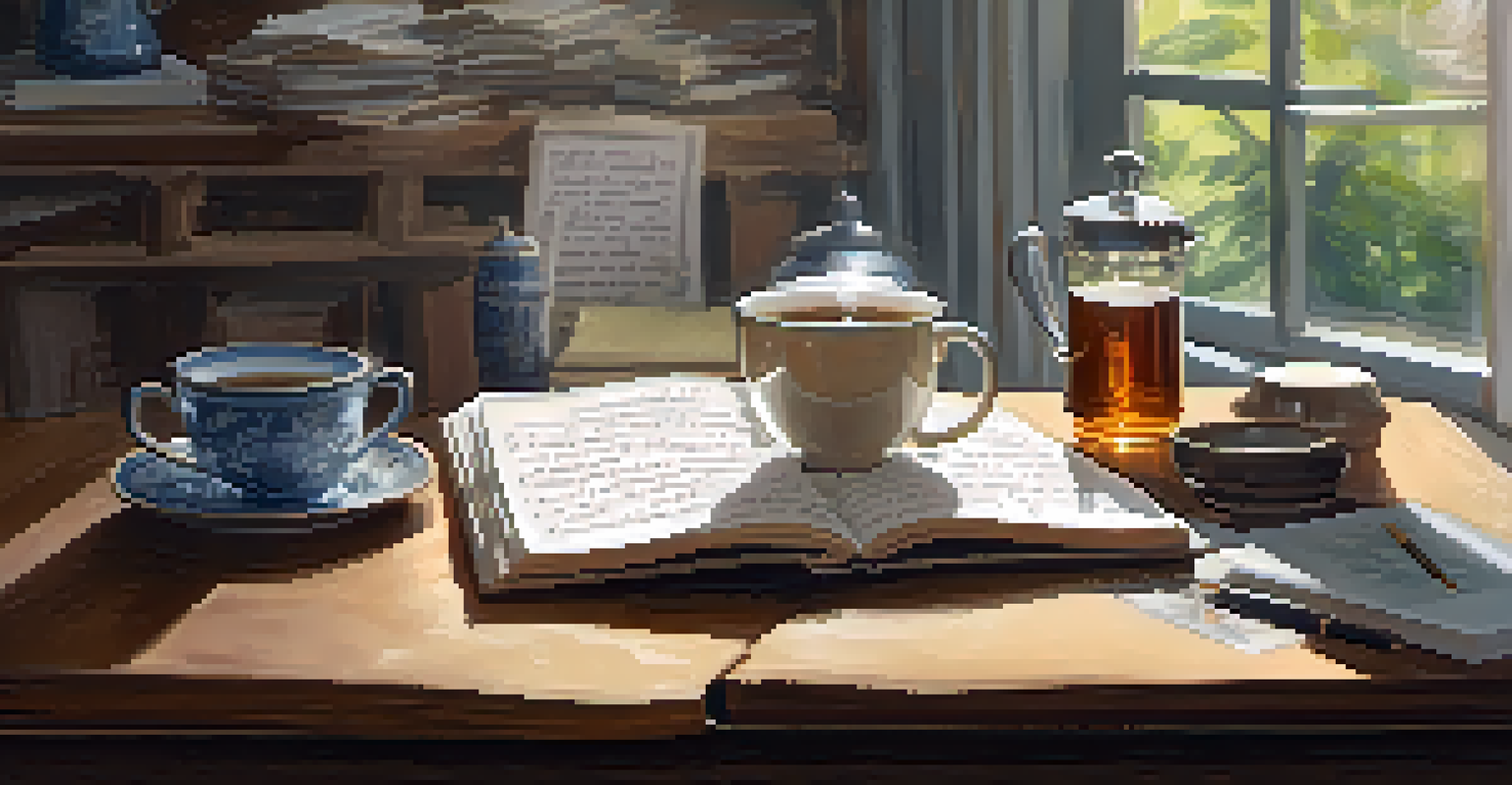 An open notebook with sketches and notes on a wooden table, accompanied by a steaming cup of tea.