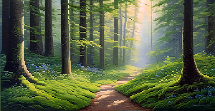 A peaceful forest scene at dawn with mist, soft light, and a winding path.