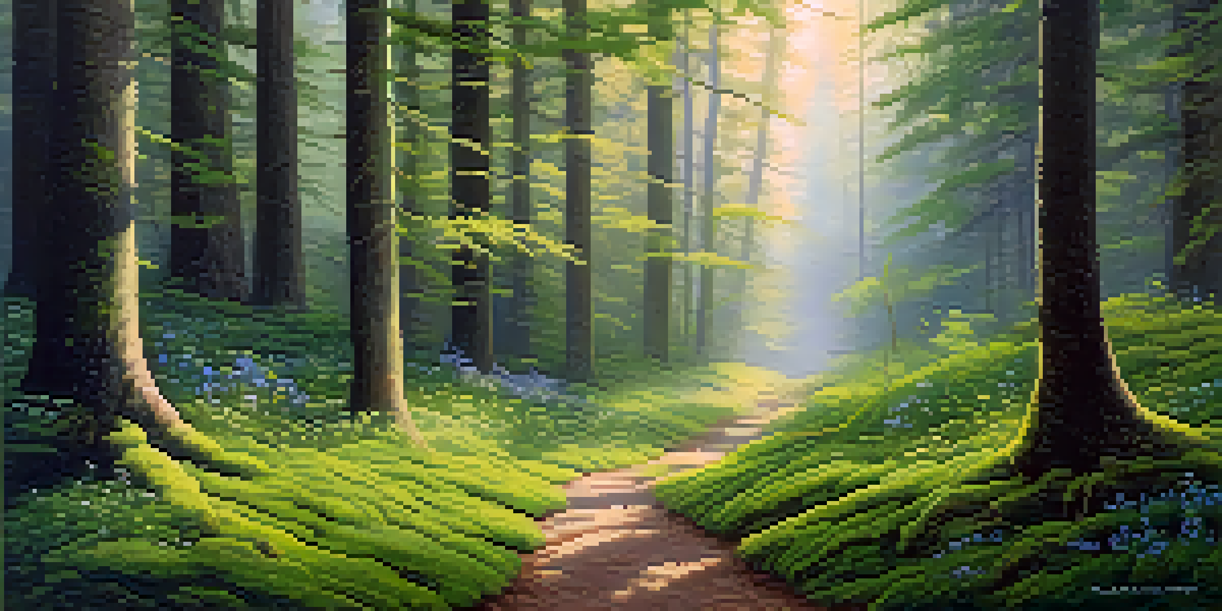 A peaceful forest scene at dawn with mist, soft light, and a winding path.