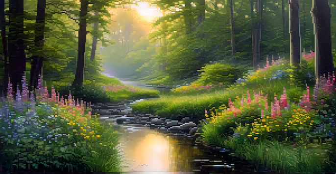 A peaceful forest at dawn with golden light, misty trees, a winding path, lush greenery, and a tranquil stream.