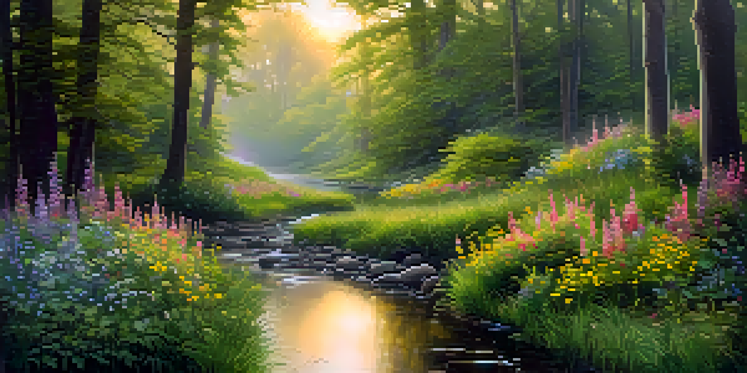 A peaceful forest at dawn with golden light, misty trees, a winding path, lush greenery, and a tranquil stream.