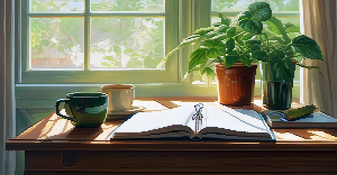 A peaceful workspace with a wooden desk, a green plant, an open notebook, and a cup of herbal tea, bathed in warm sunlight.