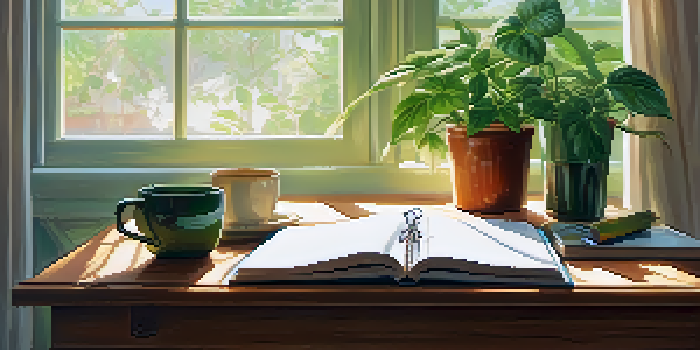 A peaceful workspace with a wooden desk, a green plant, an open notebook, and a cup of herbal tea, bathed in warm sunlight.