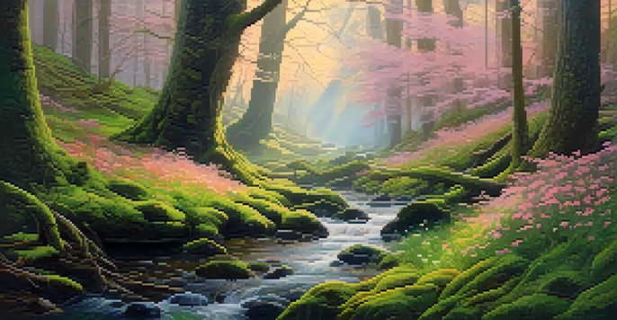 A peaceful forest at dawn with mist, ancient trees, sunlight filtering through leaves, and a stream reflecting the sunrise colors.