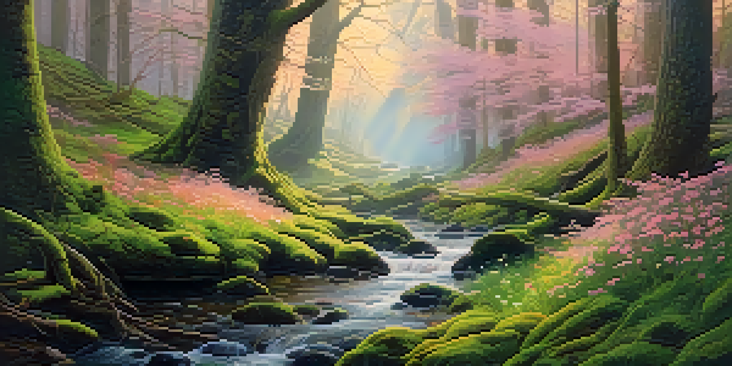 A peaceful forest at dawn with mist, ancient trees, sunlight filtering through leaves, and a stream reflecting the sunrise colors.