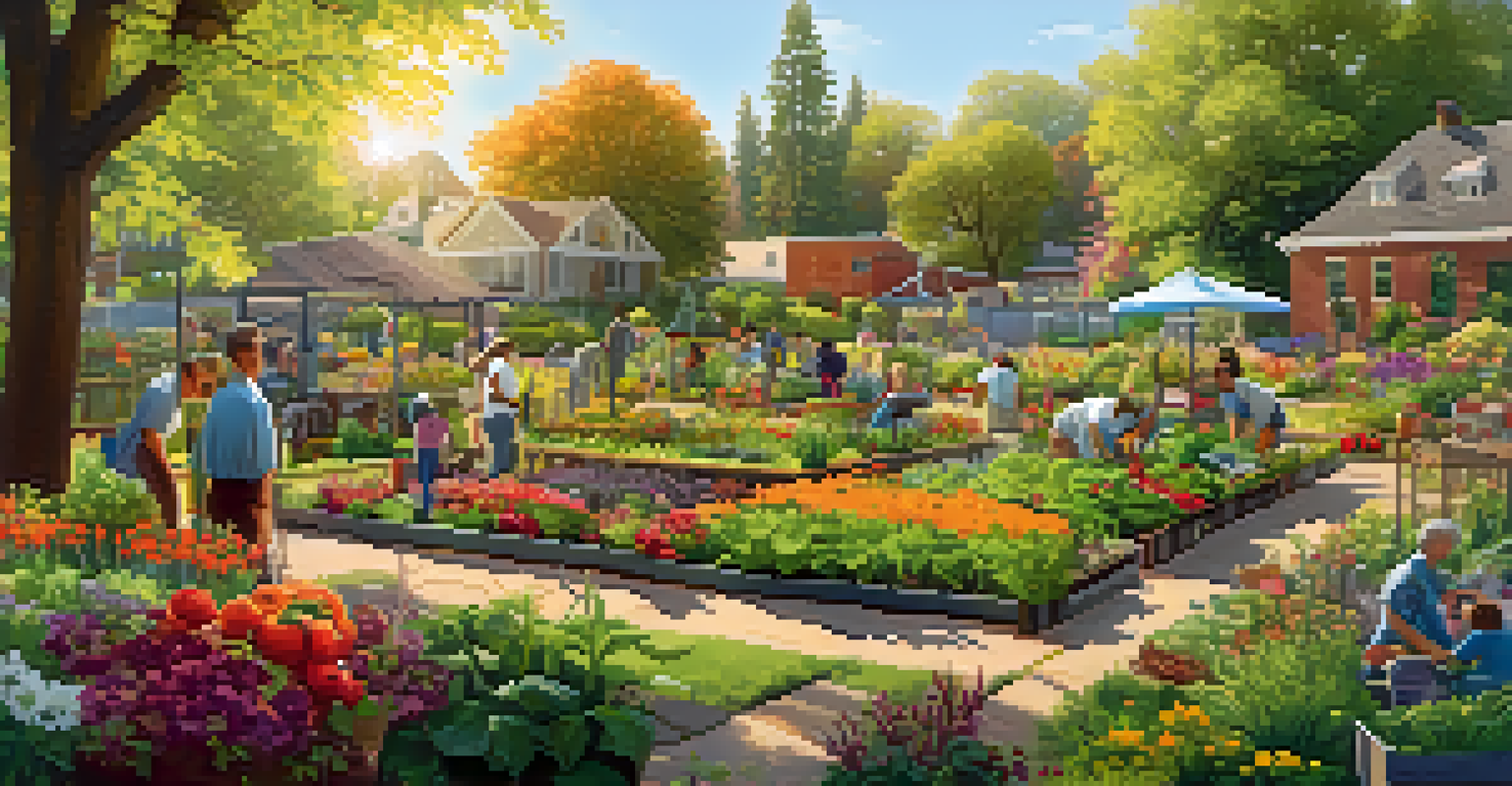 A vibrant community garden scene with people planting and caring for flowers and vegetables, surrounded by greenery and sunlight.