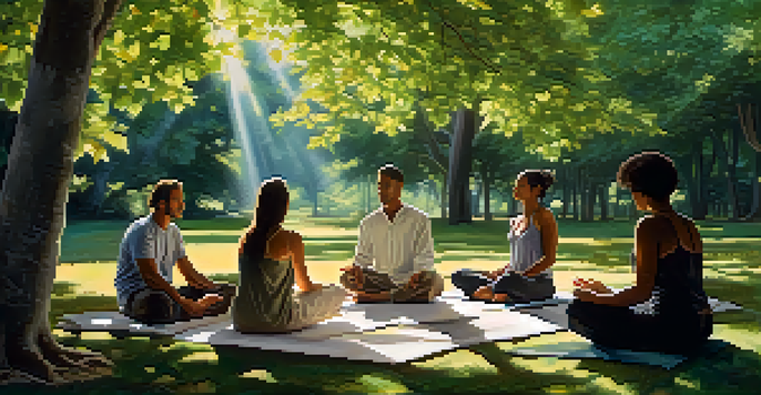 A diverse group of individuals practicing breathwork outdoors, surrounded by lush trees and sunlight filtering through the leaves.