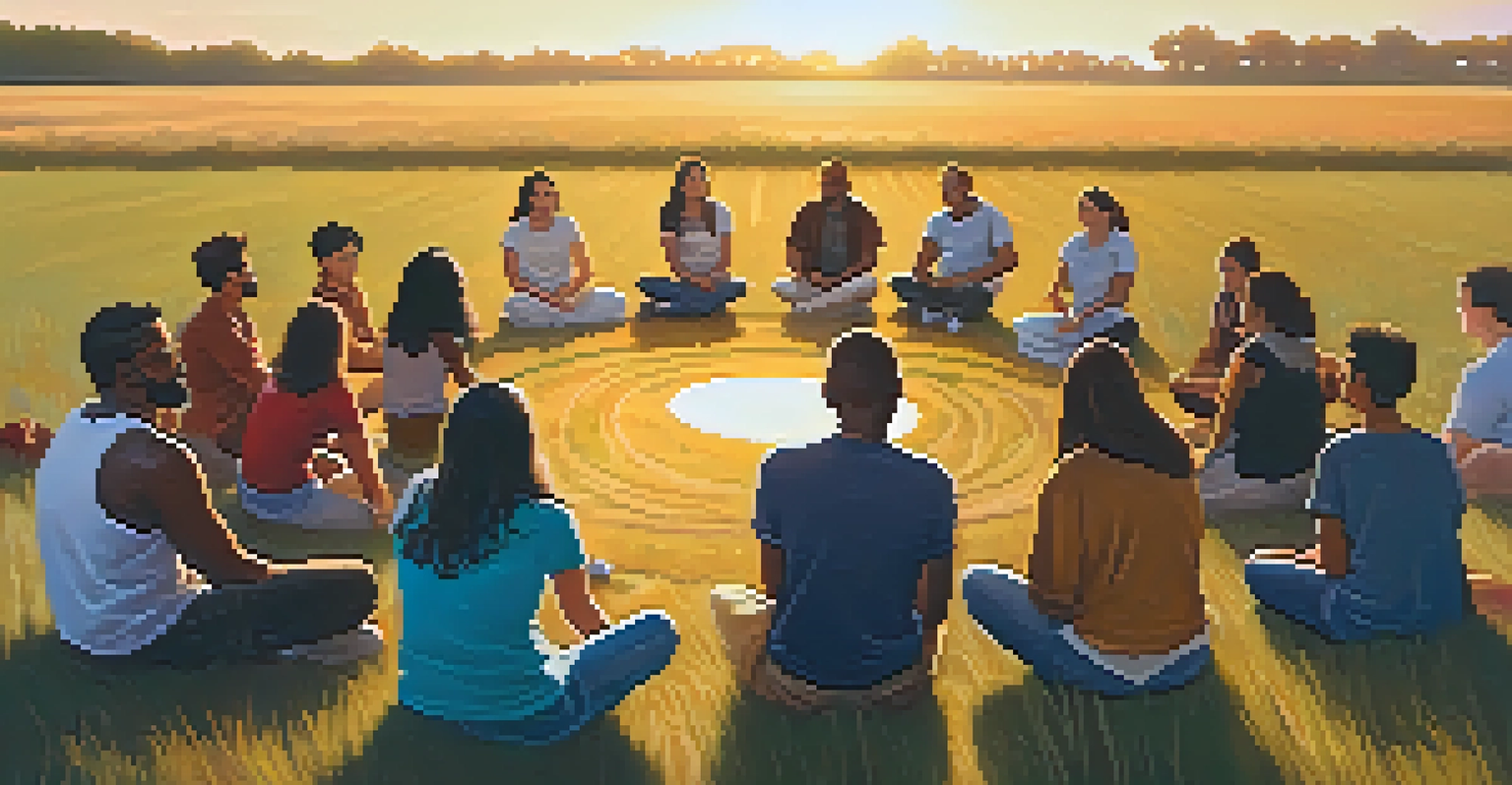 A diverse group of people sitting in a circle in an open field during sunset, participating in a group therapy session with a warm golden glow.