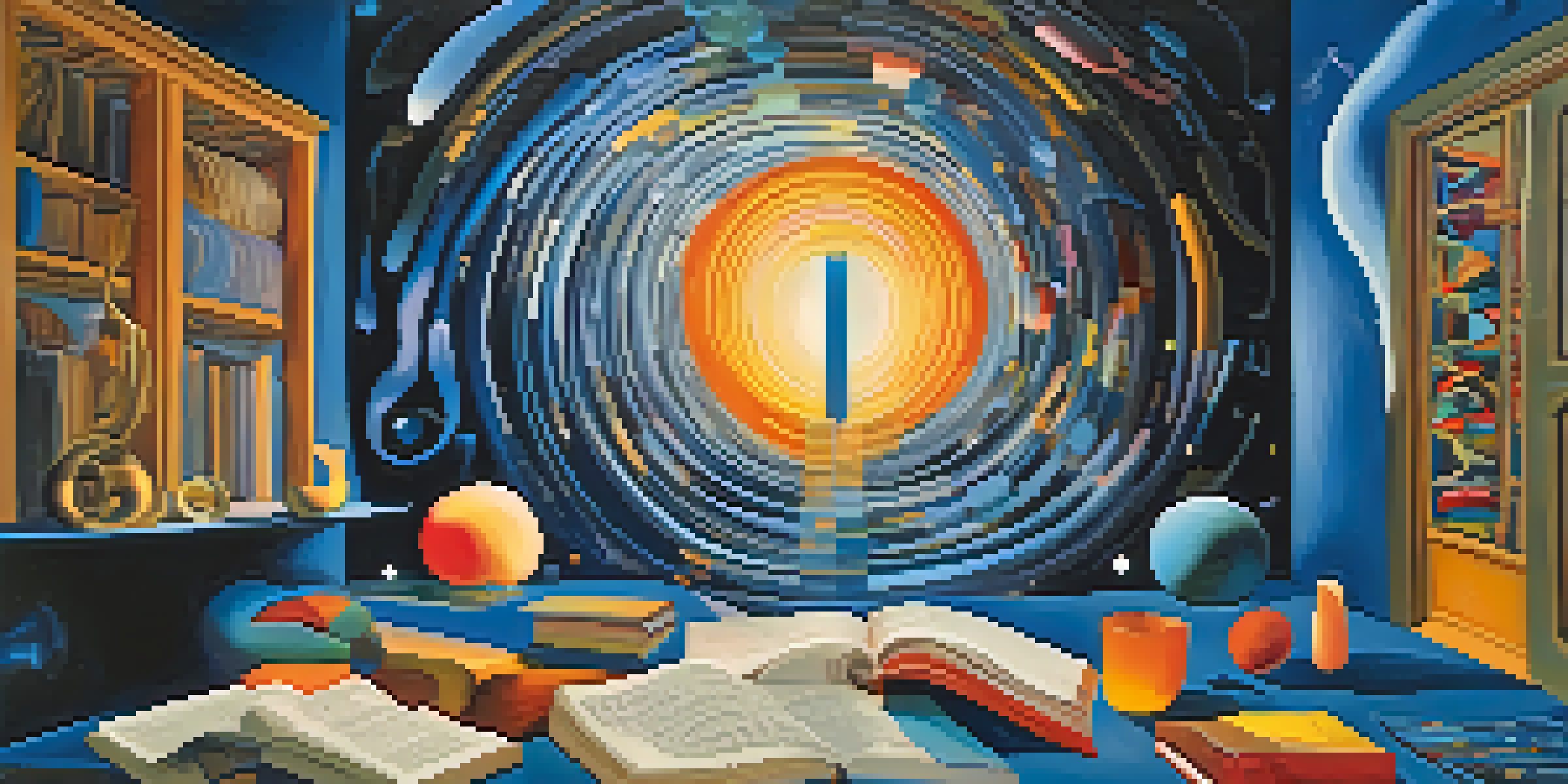 An abstract image representing the human psyche, with swirling colors and cosmic blue background, featuring symbols like keys and open books.
