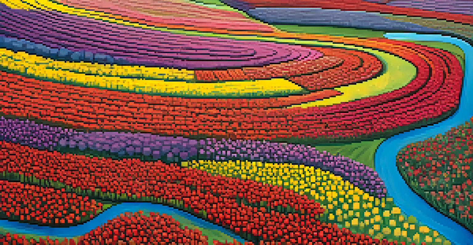 A beautiful aerial view of a colorful flower field with a winding path and trees in the distance.