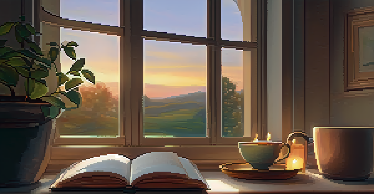 A warm and inviting indoor space with soft lighting, a sunset view, and a journal on a table.