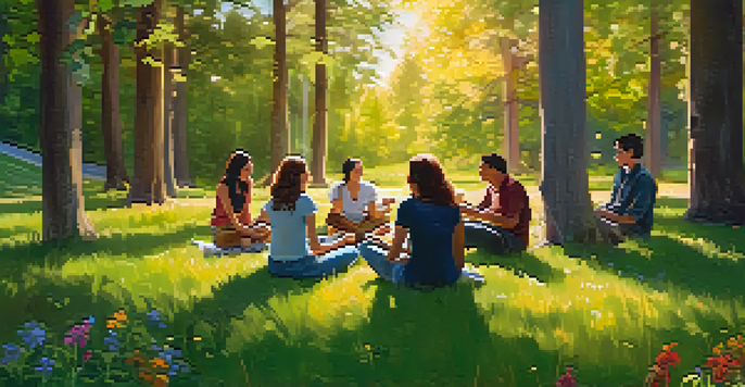 A group of friends sitting in a circle on a grassy meadow, surrounded by trees and wildflowers, engaging in conversation with joyful expressions.