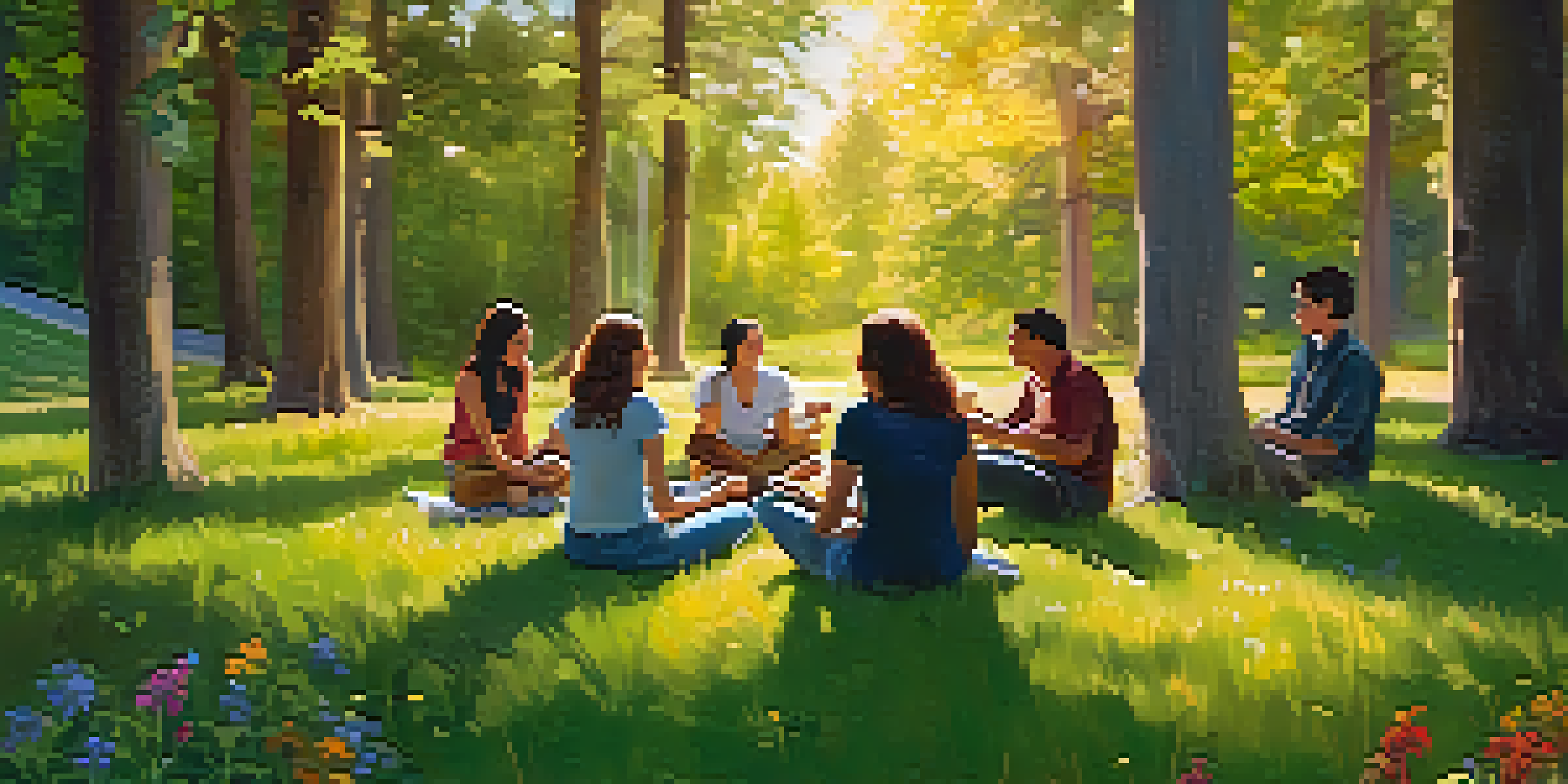 A group of friends sitting in a circle on a grassy meadow, surrounded by trees and wildflowers, engaging in conversation with joyful expressions.