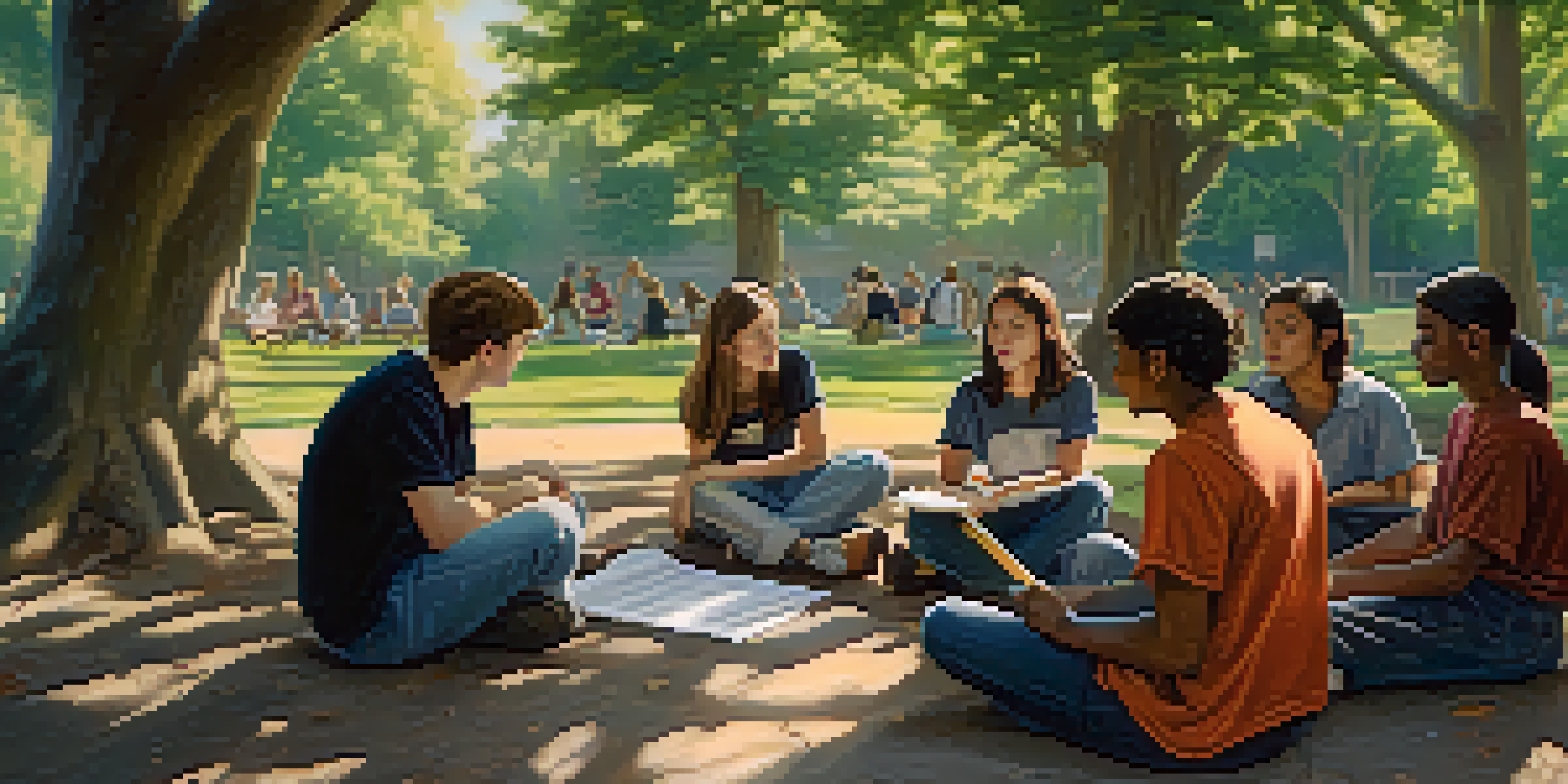 A diverse group of students in an outdoor classroom discussing hallucinogens, with a chalkboard and natural surroundings.