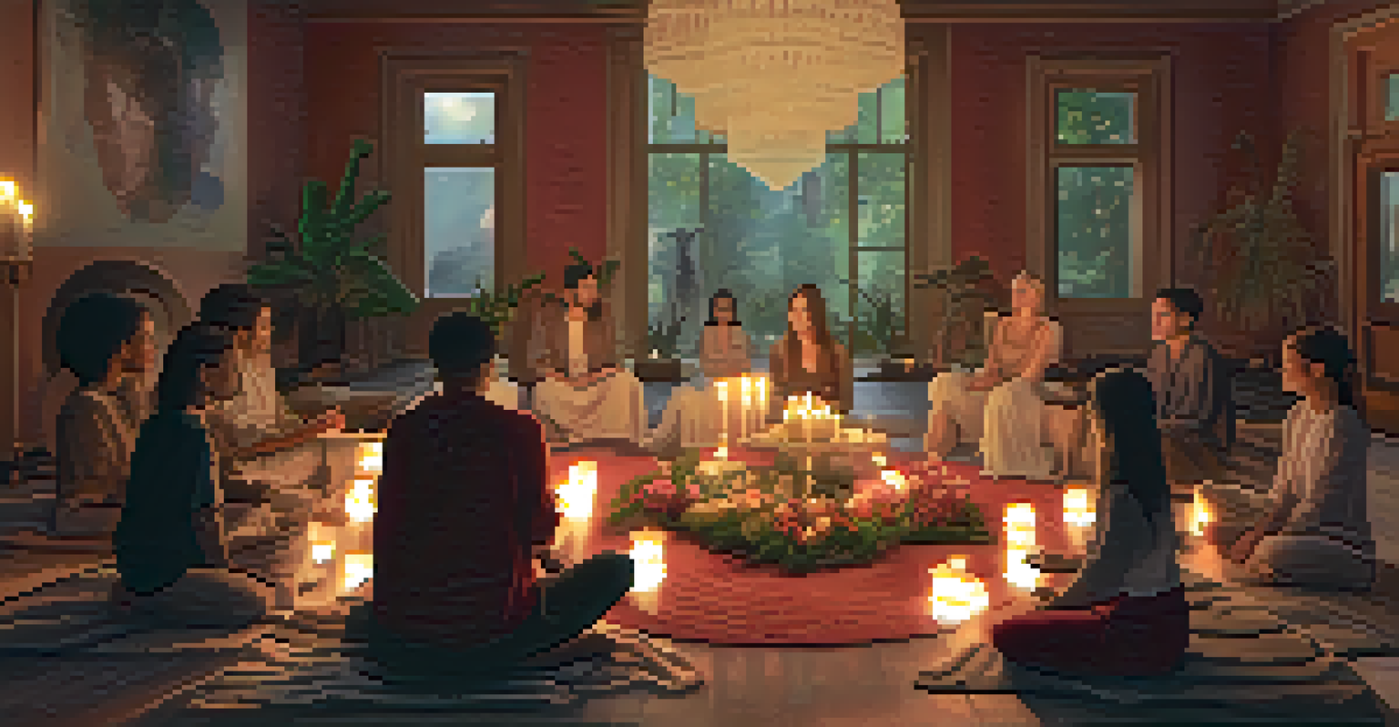 Participants seated in a circle in a softly lit room, sharing their experiences during a modern ritual involving hallucinogens, with candles and an altar in the center.