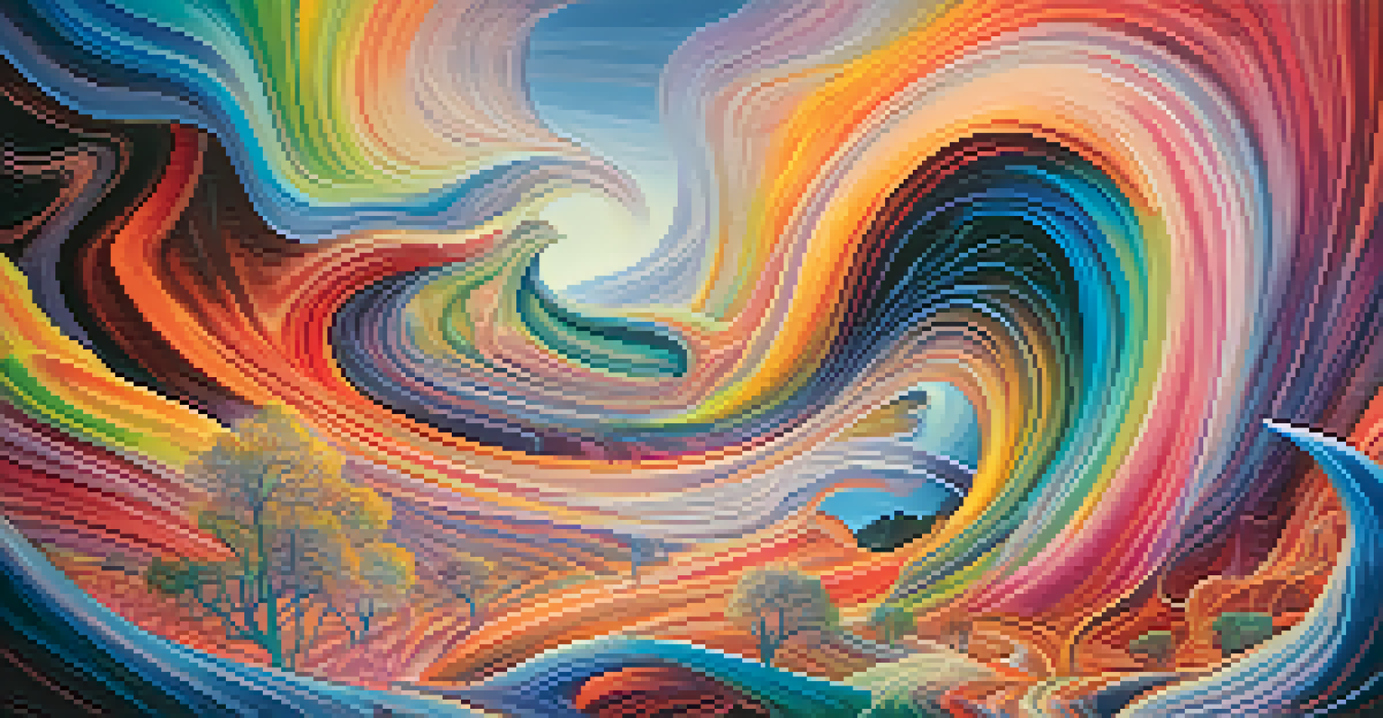 A vibrant abstract landscape representing a psychedelic experience with swirling colors and ethereal patterns.