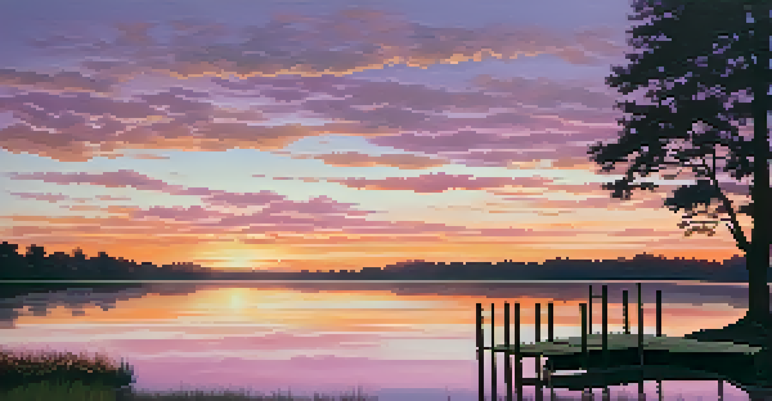 A sunset over a peaceful lake with colorful skies and a wooden dock.