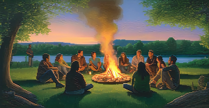A diverse group of individuals sitting in a circle around a bonfire in a tranquil outdoor setting at twilight.