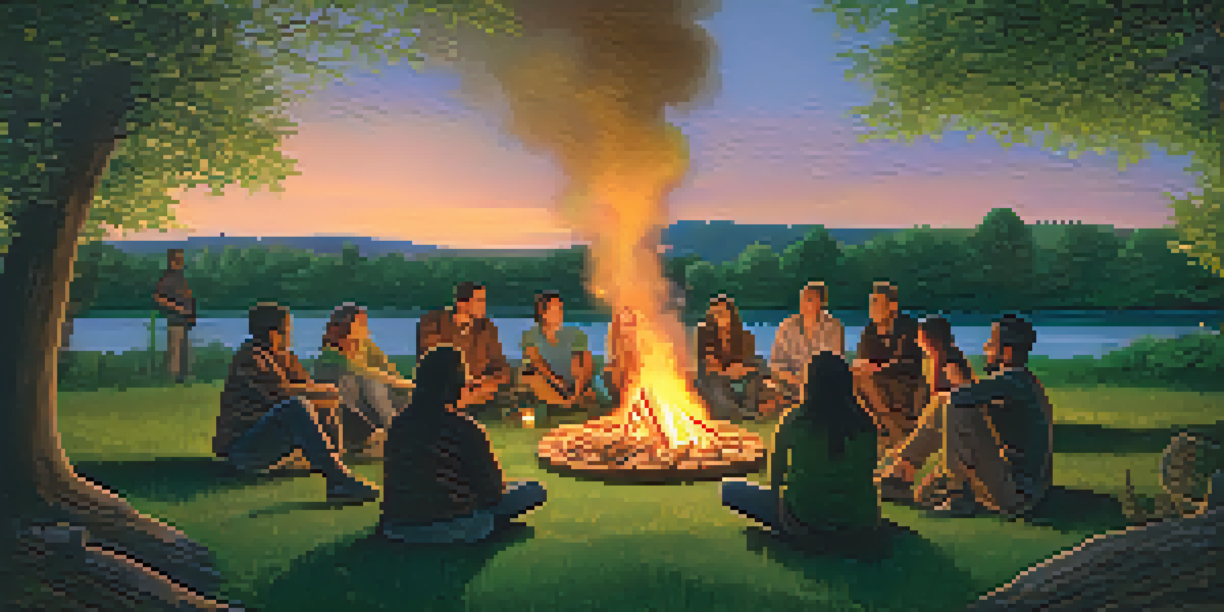 A diverse group of individuals sitting in a circle around a bonfire in a tranquil outdoor setting at twilight.