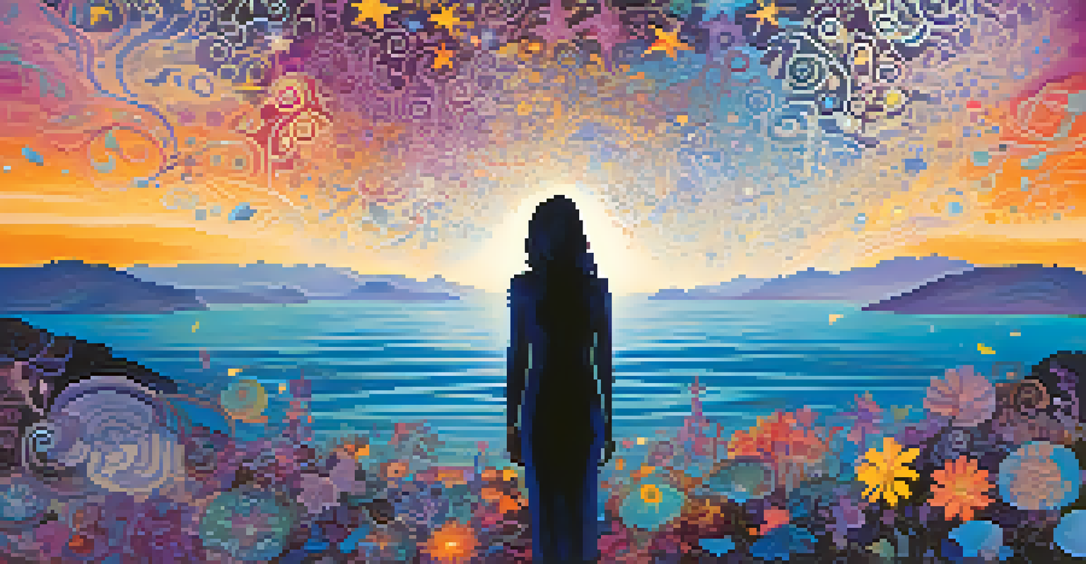 An abstract silhouette filled with vibrant colors and patterns on a calming blue and purple gradient background, symbolizing self-discovery.