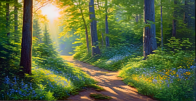 A peaceful forest with sunlight shining through the leaves, illuminating a winding path and colorful wildflowers.