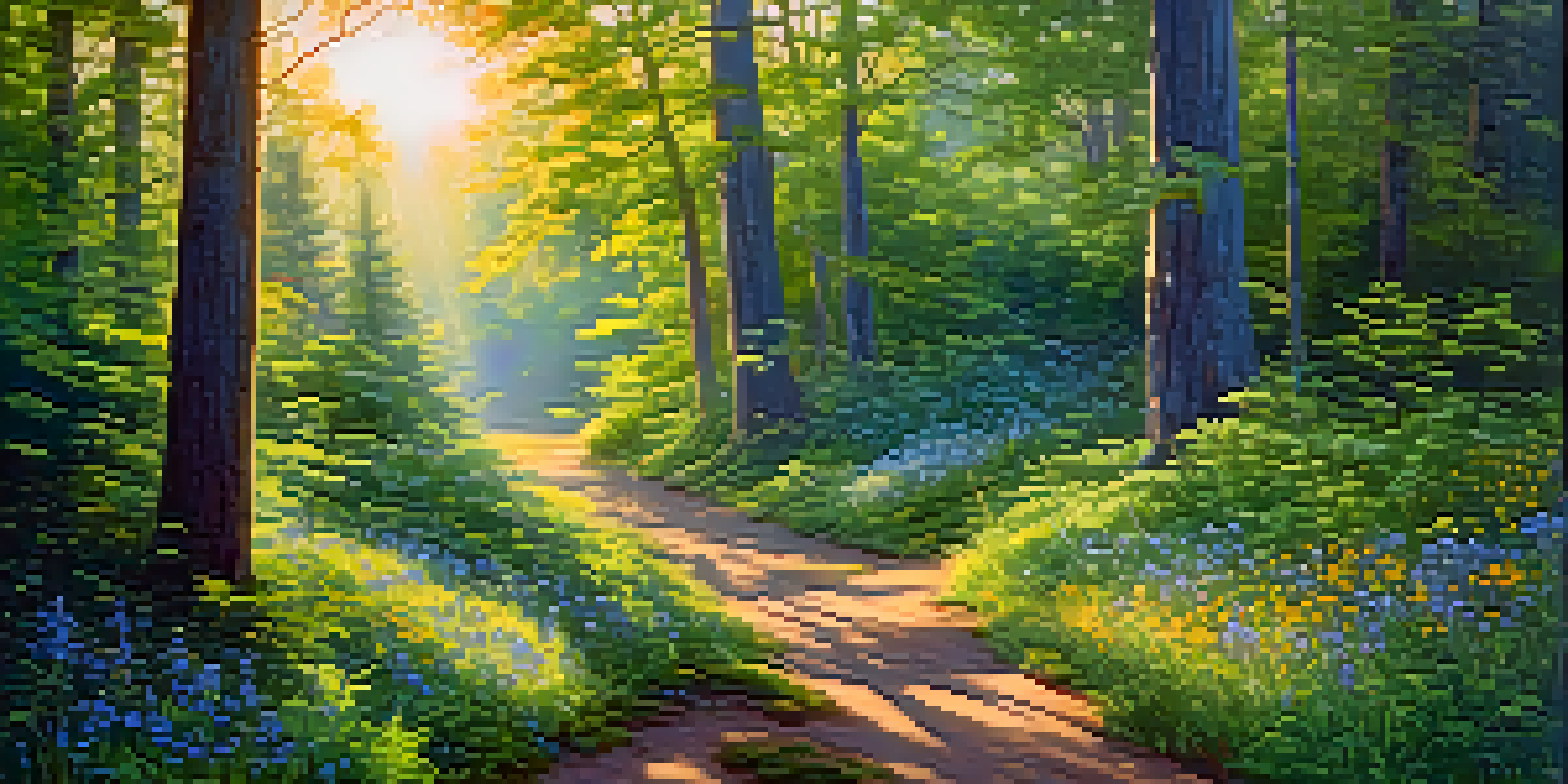 A peaceful forest with sunlight shining through the leaves, illuminating a winding path and colorful wildflowers.