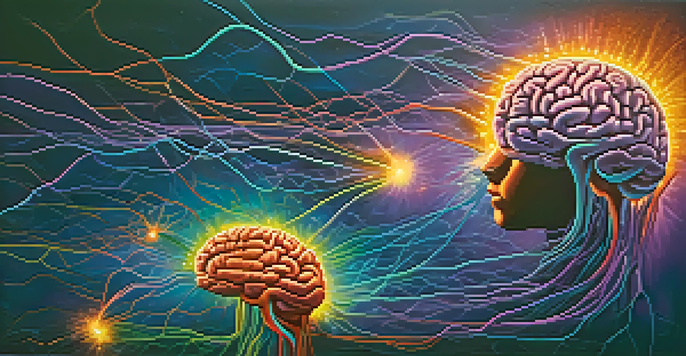 An abstract representation of the human brain with interconnected neural pathways glowing in vibrant colors against a deep blue and purple gradient background.