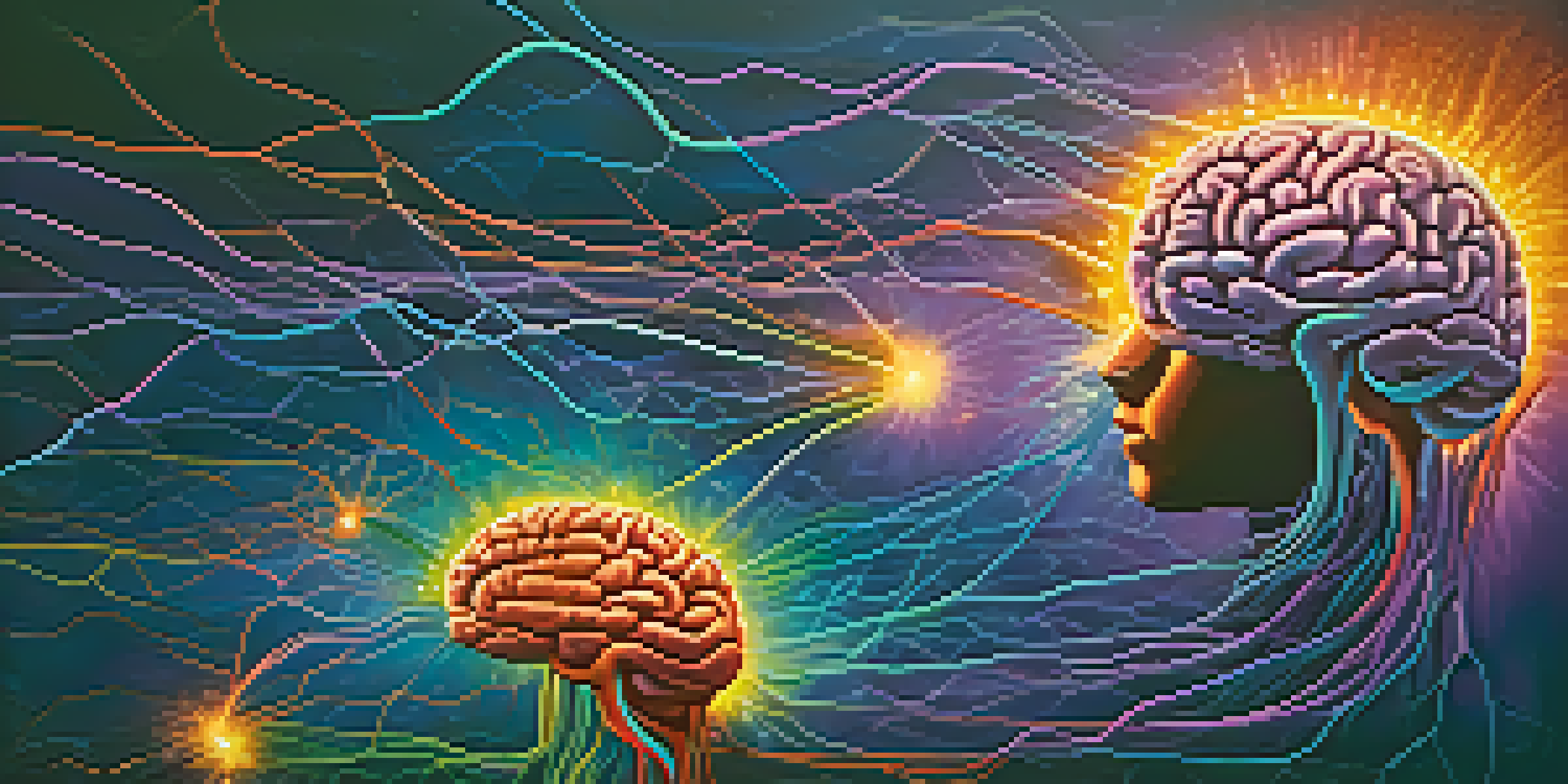 An abstract representation of the human brain with interconnected neural pathways glowing in vibrant colors against a deep blue and purple gradient background.