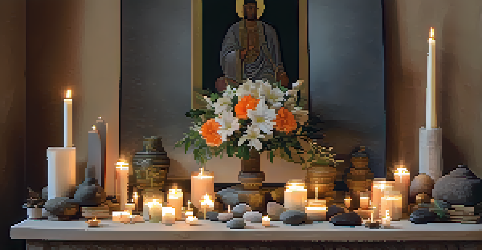 A close-up of an altar adorned with flowers, stones, and candles, softly lit to create a tranquil atmosphere for ritual practices.