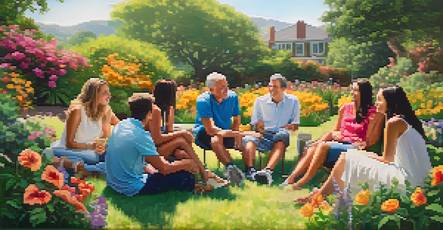 A group of friends sitting in a circle outdoors, smiling and engaged in conversation amidst a beautiful garden.