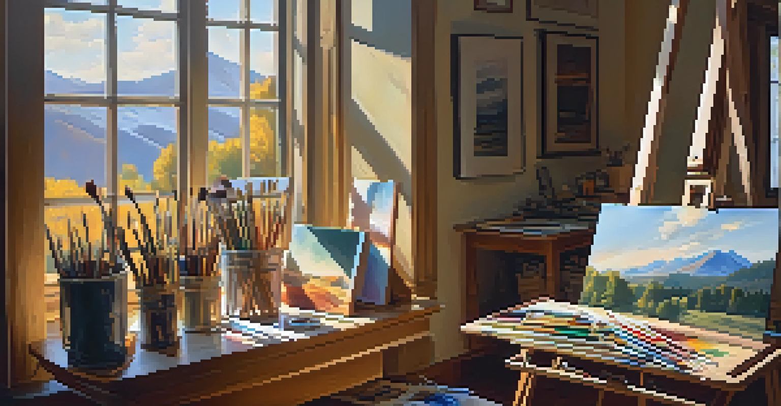 An inviting artist's studio with sunlight, canvases, and paint supplies, featuring a half-finished colorful landscape painting.