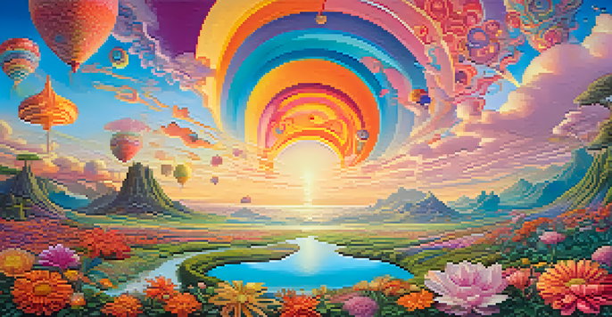A colorful and surreal landscape with swirling patterns, oversized flowers, and geometric shapes in a dreamlike sky.