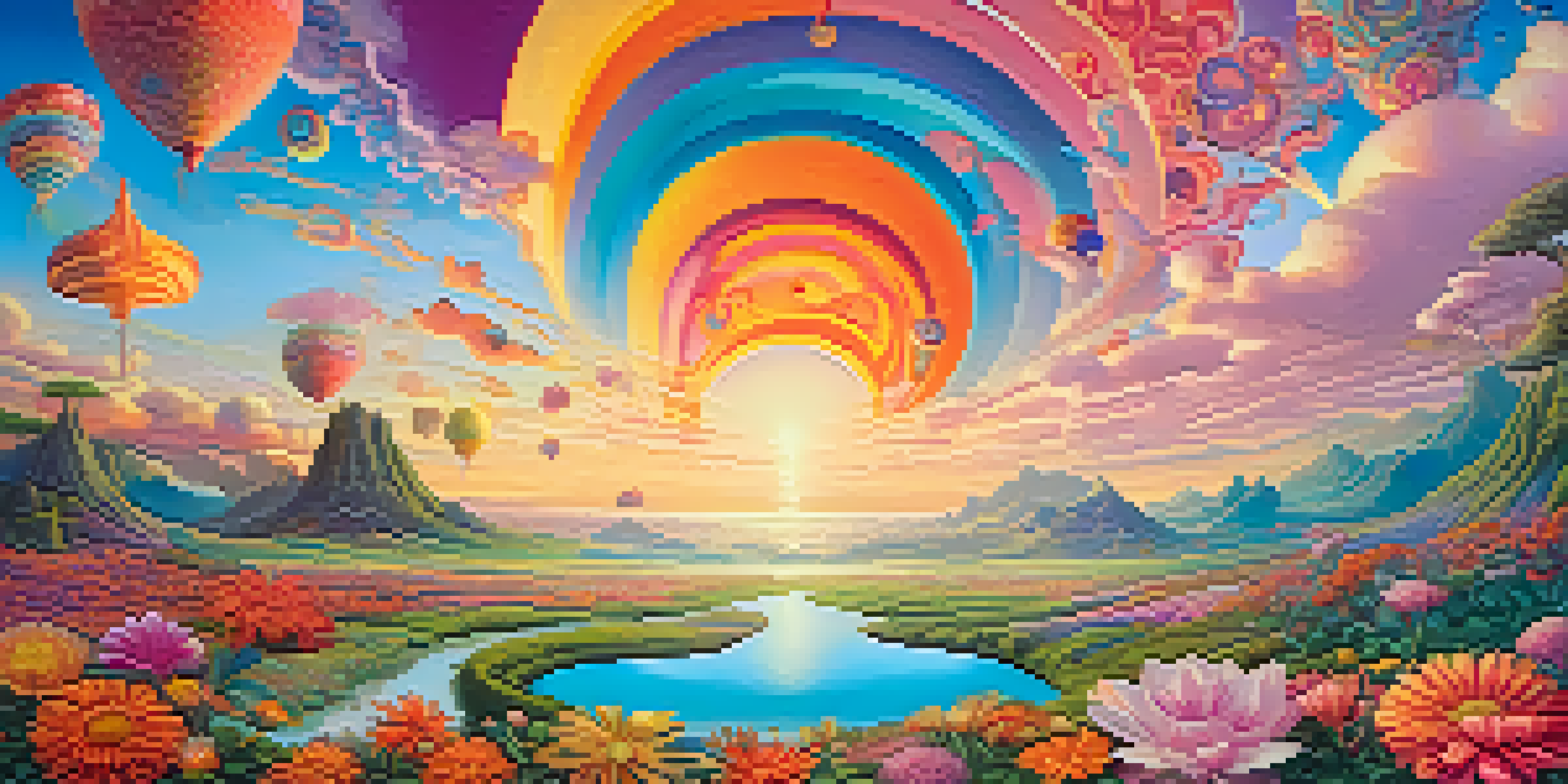 A colorful and surreal landscape with swirling patterns, oversized flowers, and geometric shapes in a dreamlike sky.