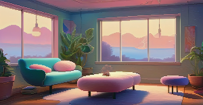 A peaceful therapy room with soft lighting, comfortable seating, and calming decor, representing a safe space for psychedelic-assisted therapy.