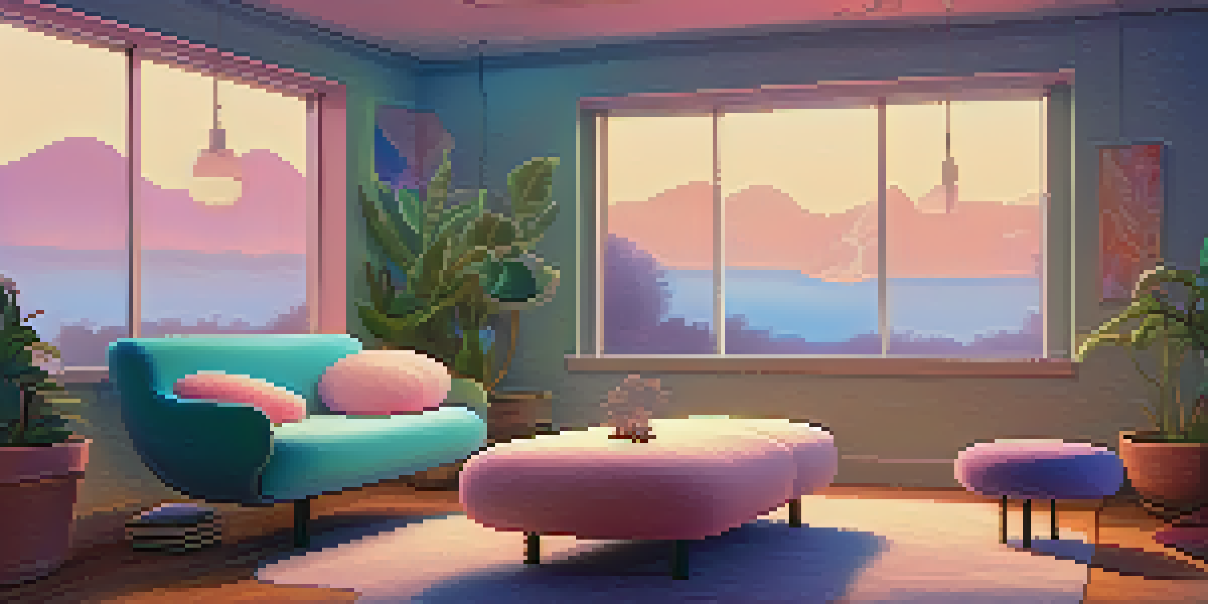 A peaceful therapy room with soft lighting, comfortable seating, and calming decor, representing a safe space for psychedelic-assisted therapy.
