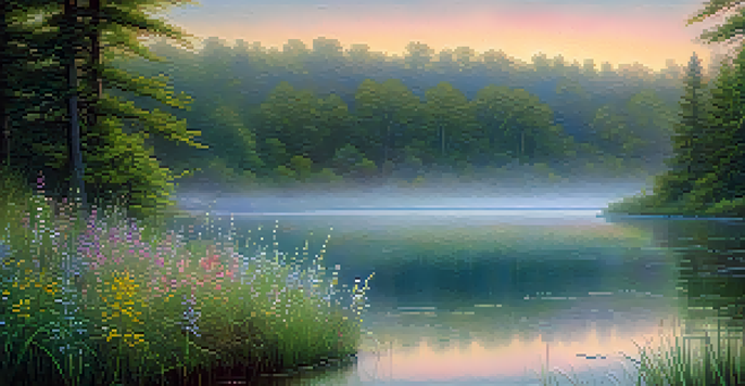A peaceful sunrise over a calm lake with mist and blooming wildflowers.