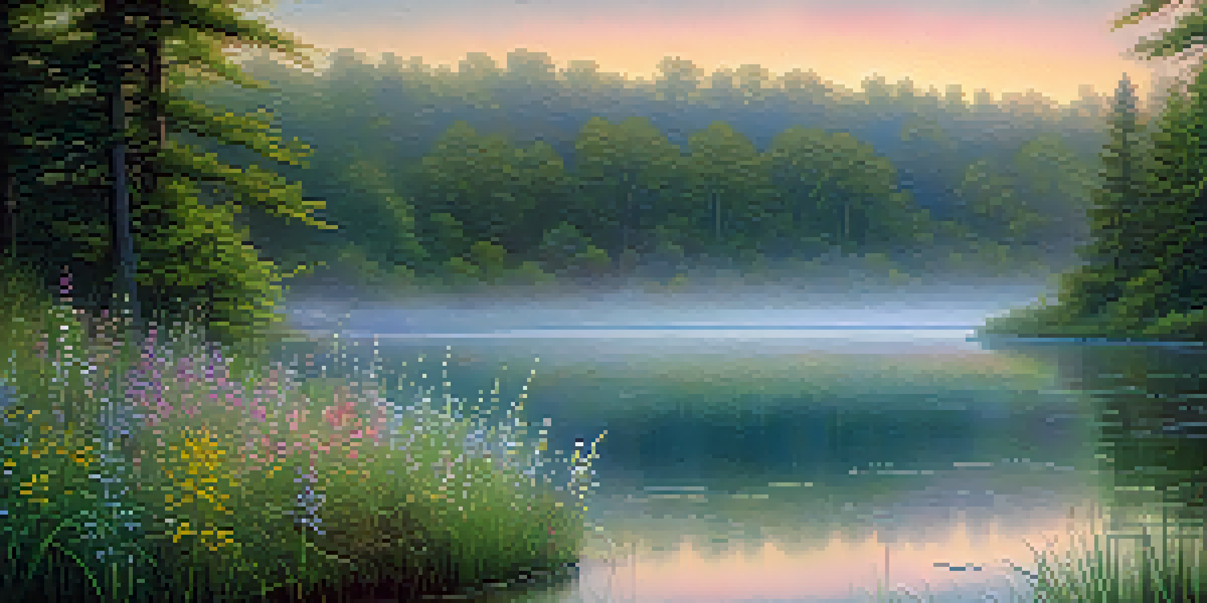 A peaceful sunrise over a calm lake with mist and blooming wildflowers.