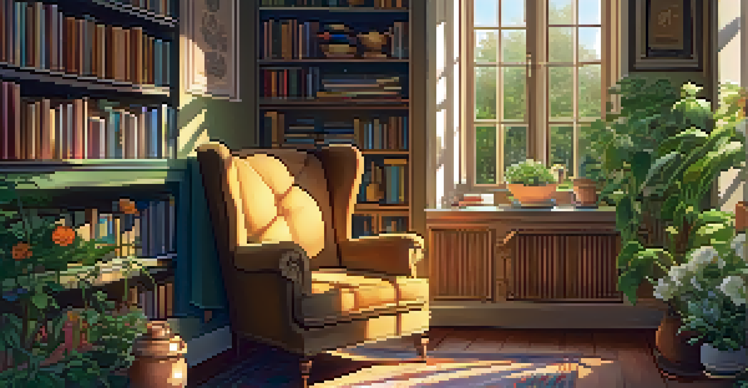 A cozy room with an armchair, a table with a cup of tea, bookshelves, and a garden view through a window.