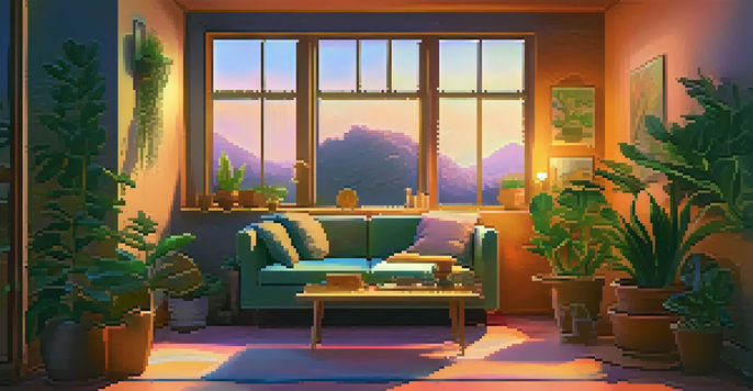 A cozy and serene indoor space with soft lighting, cushions, and plants, designed for a safe psychedelic experience.