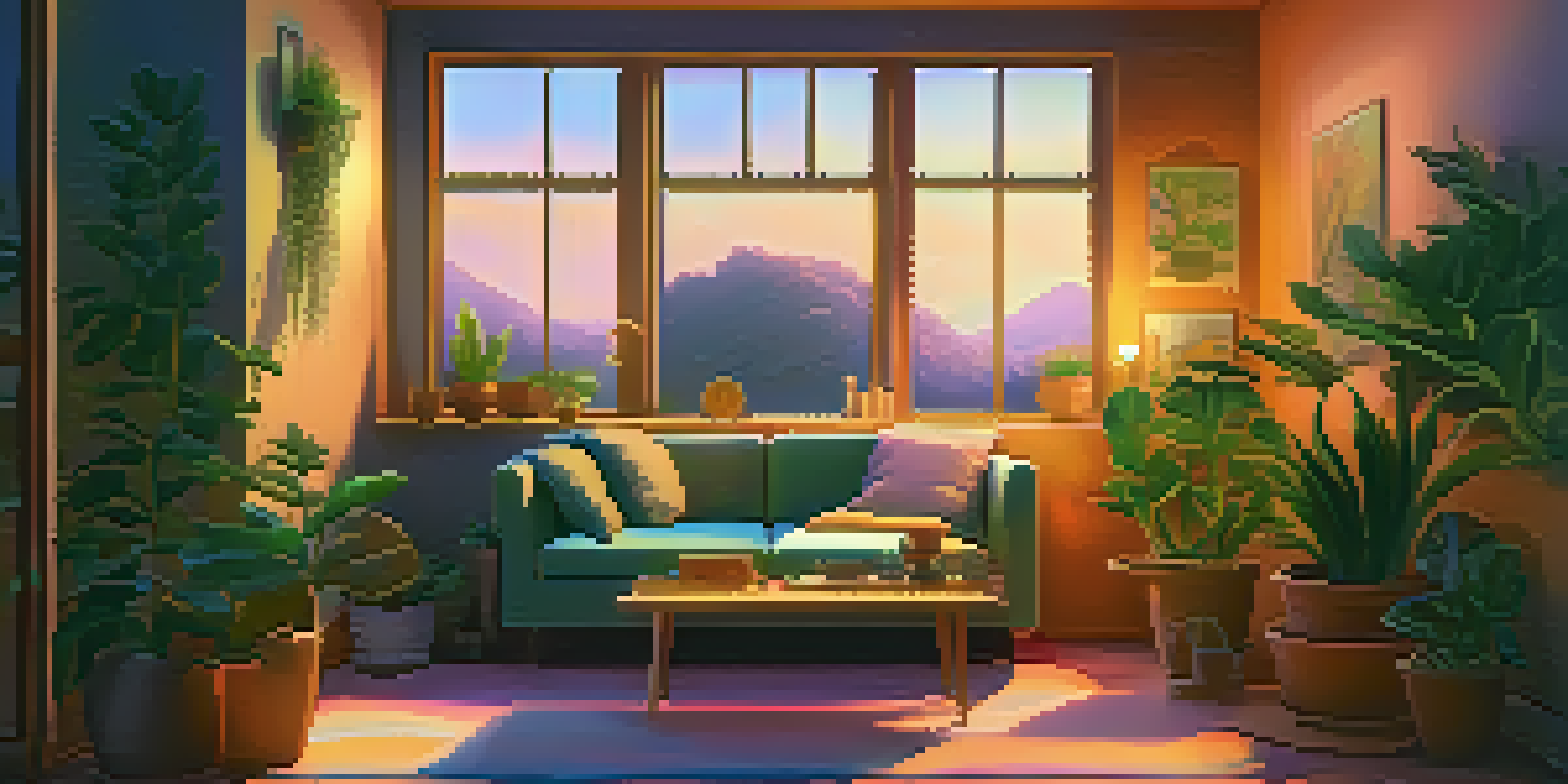 A cozy and serene indoor space with soft lighting, cushions, and plants, designed for a safe psychedelic experience.