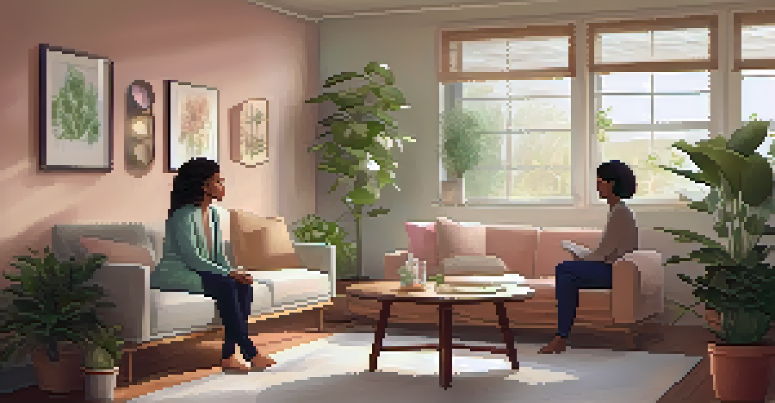 A cozy therapy room with a therapist and client engaged in conversation, surrounded by plants and soft lighting.