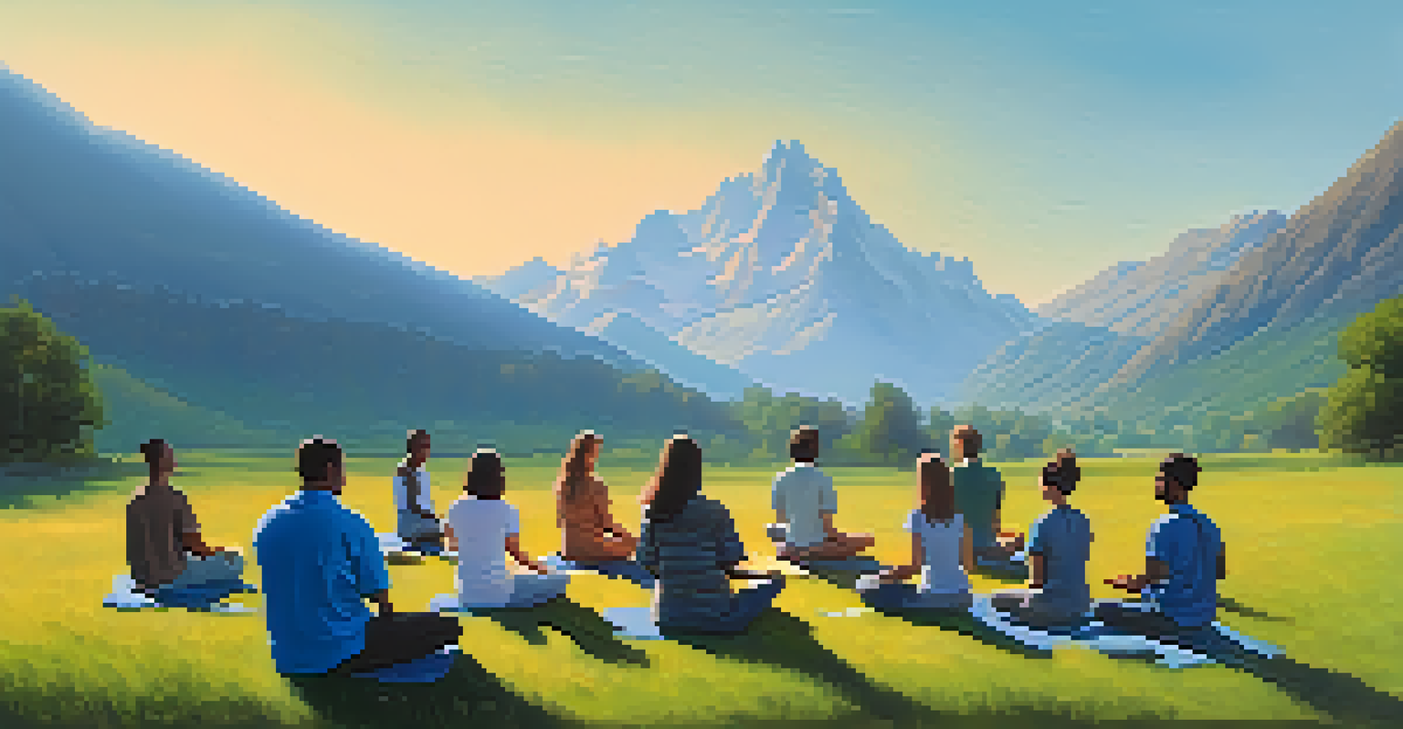 A group of people meditating in nature, surrounded by mountains and a blue sky, with a facilitator leading the session.