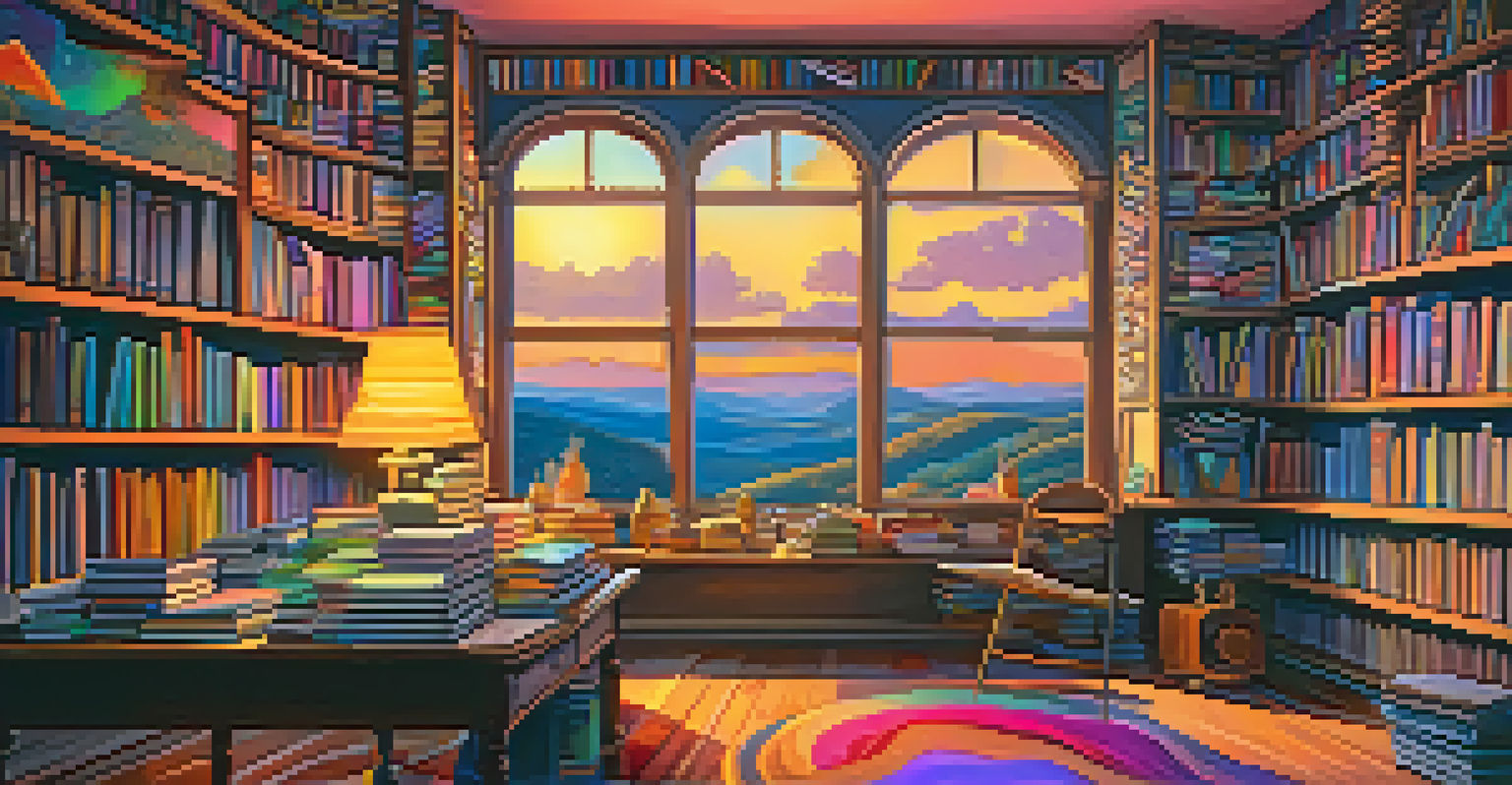 A cozy room with books and art supplies, where a person sketches ideas influenced by psychedelic experiences.