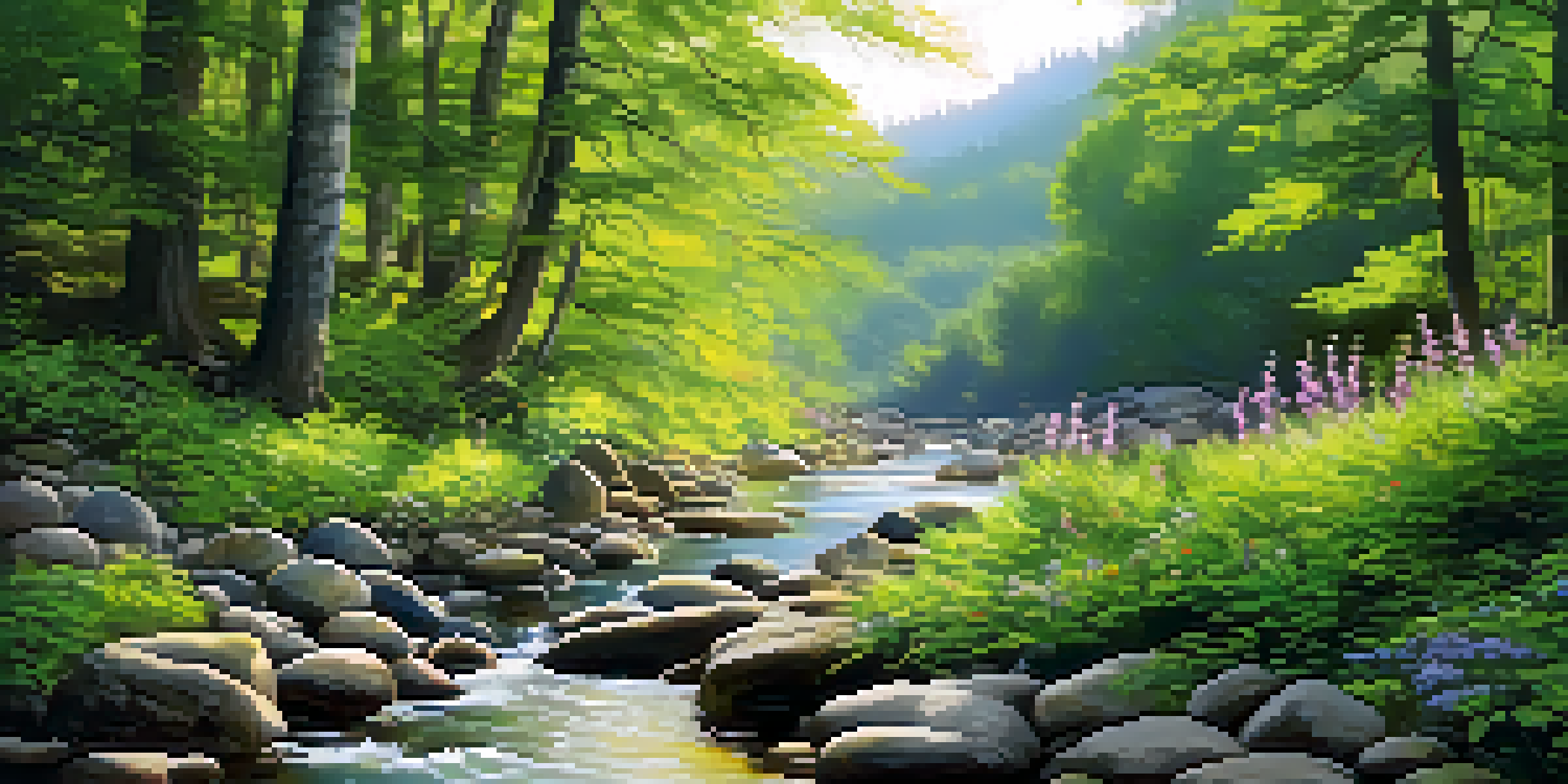 A peaceful forest scene with sunlight filtering through leaves, a gentle stream, and colorful wildflowers.