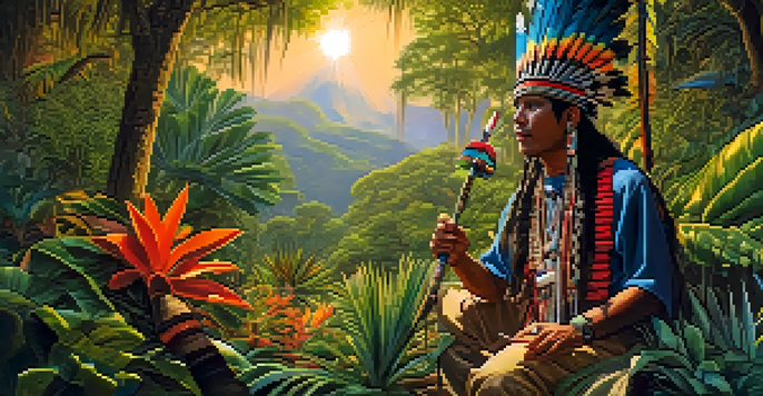 An ancient Mesoamerican shaman in a trance state, surrounded by colorful plants and animals, illuminated by warm sunlight.