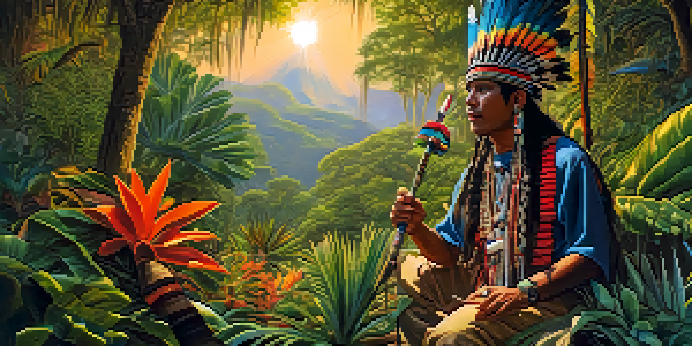 An ancient Mesoamerican shaman in a trance state, surrounded by colorful plants and animals, illuminated by warm sunlight.