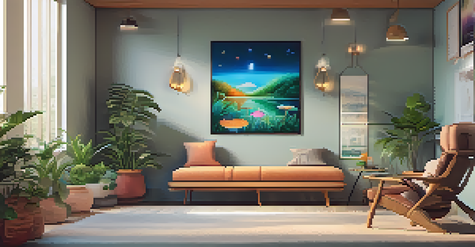 A warm and inviting therapy room with a comfortable chair, soft lighting, and calming artwork, enhanced by plants and a water feature for a soothing atmosphere.