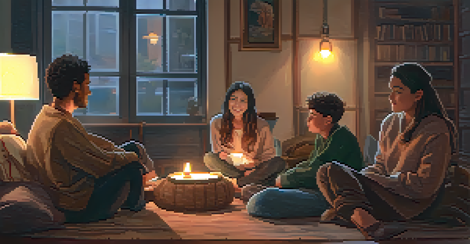 A warm and cozy indoor scene with friends sitting in a circle, engaged in conversation, surrounded by cushions and blankets.